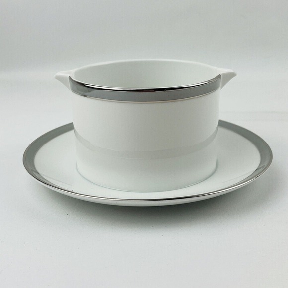 Vintage Thomas Gravy Boat Attached Underplate‎ Gray Platinum Band & Trim THO194 - Picture 1 of 9